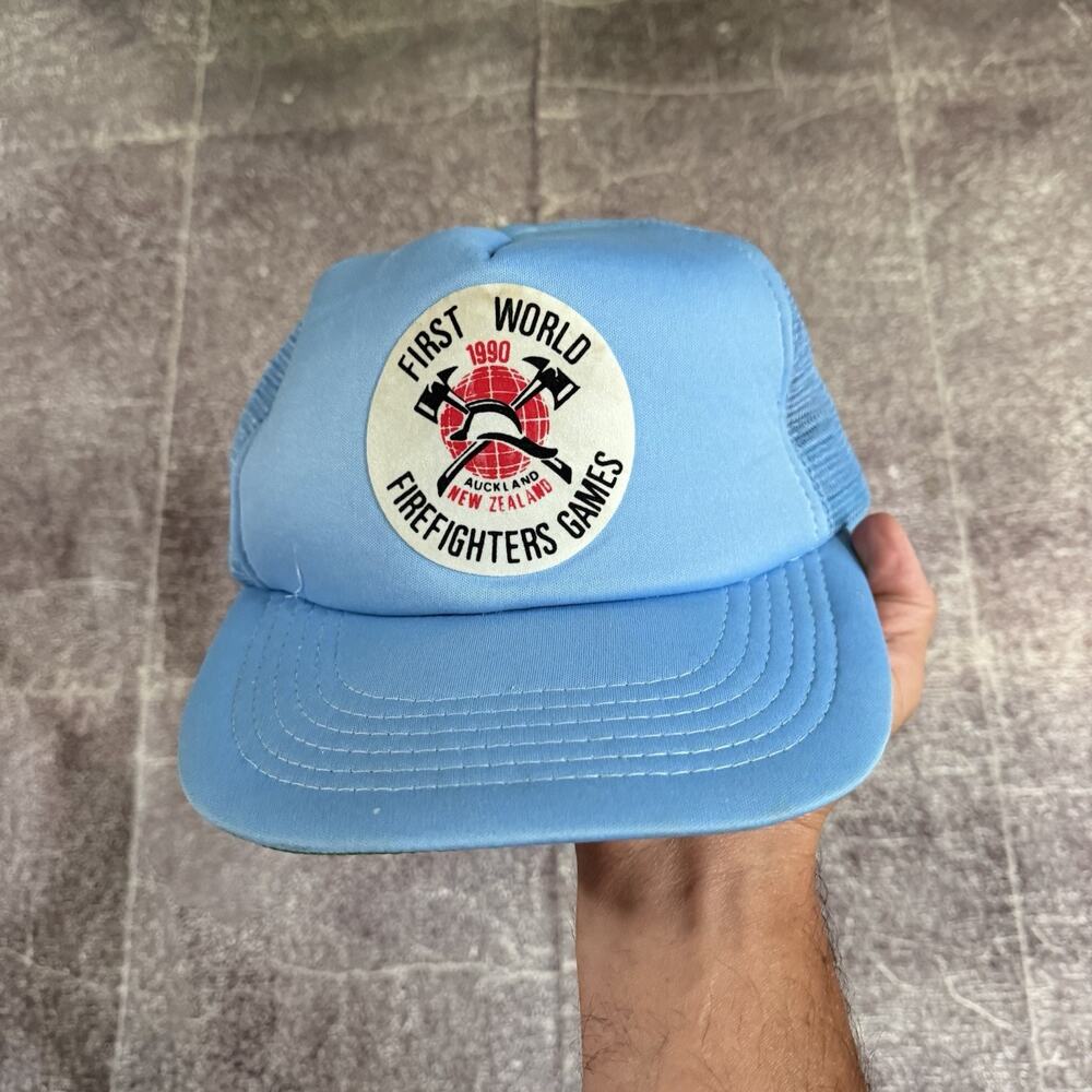 Men's Vintage 90s First World Firefighters Game Powder Blue Trucker Snapback Hat